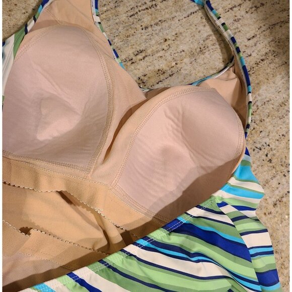 LL Bean Tankini Swim Skirt Set Plus Size 18 Blue Green Stripe Halter - Picture 13 of 16